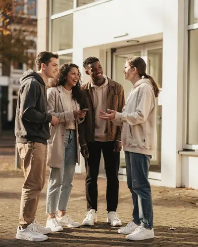 Team komt samen bij kantoor met koffie