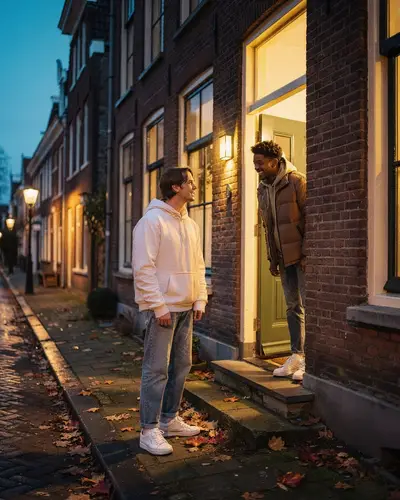 Gesprek aan de voordeur in de avond
