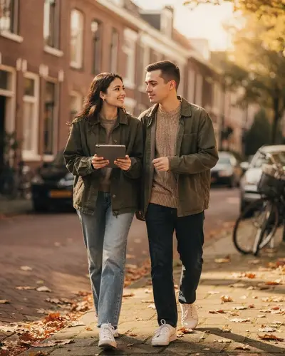Twee collega's lopen samen door een woonwijk